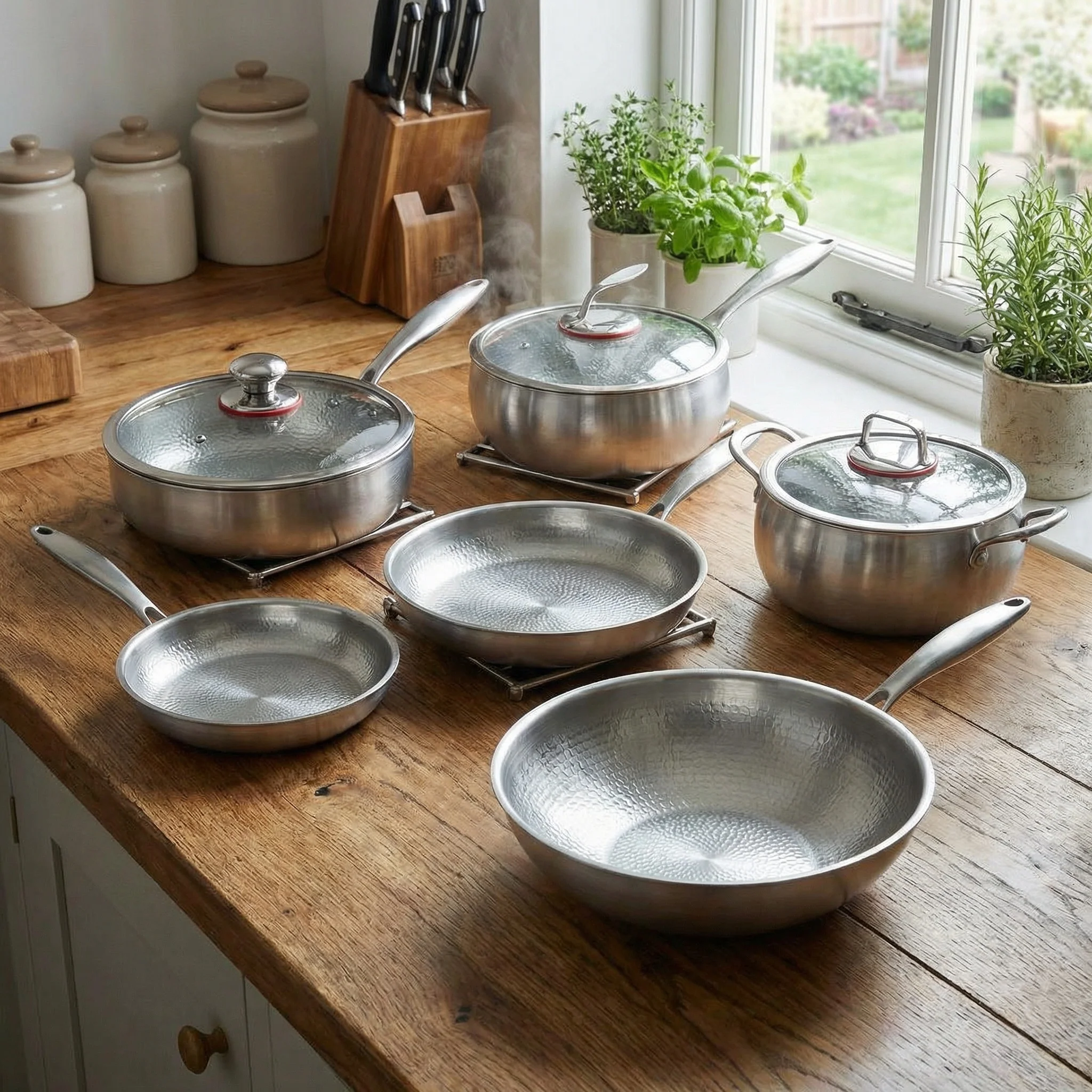 Hand-Hammered Titanium Complete Kitchen Set with 3 Lids (10, 11 & 12 Inch) - Image 3