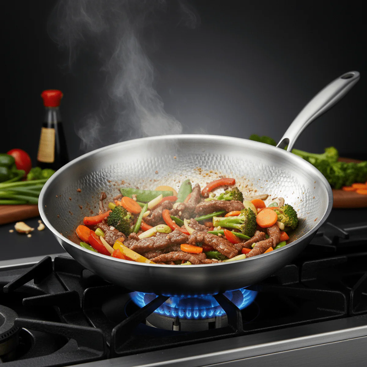 Hand-Hammered Titanium Wok Pan with Flat Base - Image 5