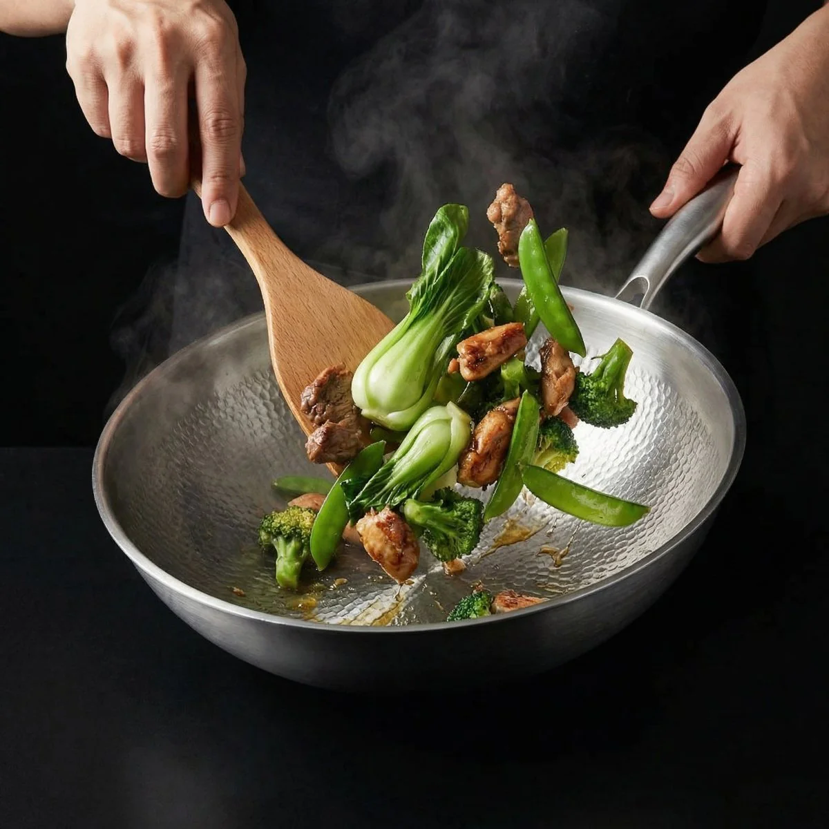 Hand-Hammered Titanium Wok Pan with Flat Base - Image 7